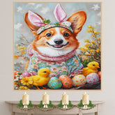 Corgi in Festive Easter Outfit, Cute Pet Portrait for Spring Home Decor, Holiday Gifts for Dog Lovers, Dog Wall Art on Canvas Wrap, Framed Print, or Rolled Artwork
